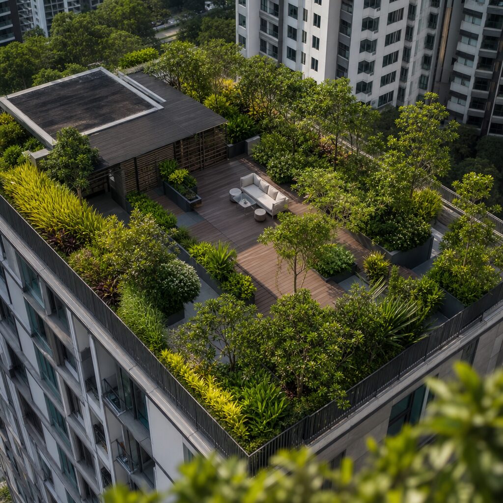 Condominium rooftop garden with lush greenery in Singapore