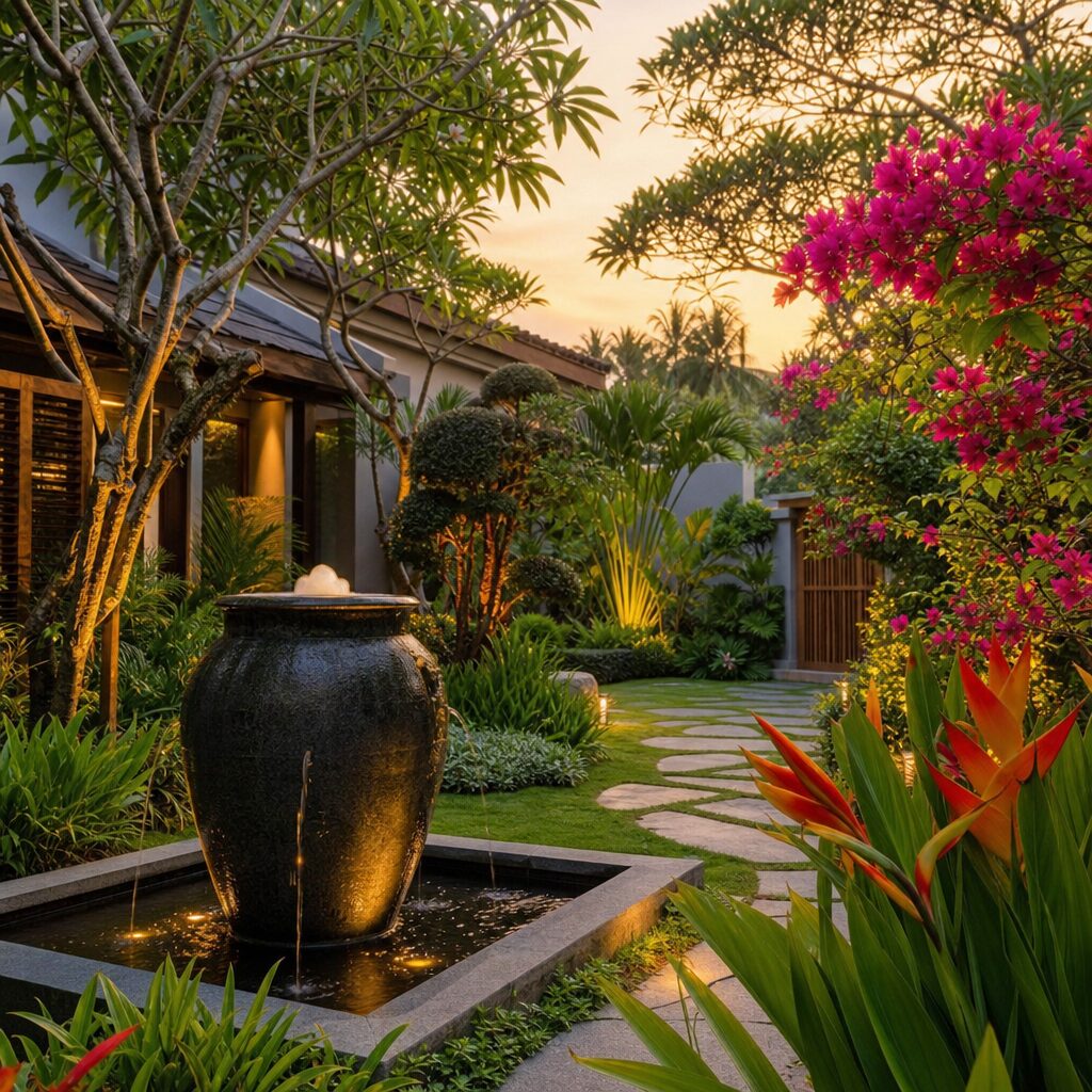 Private estate garden with tropical landscaping in Singapore
