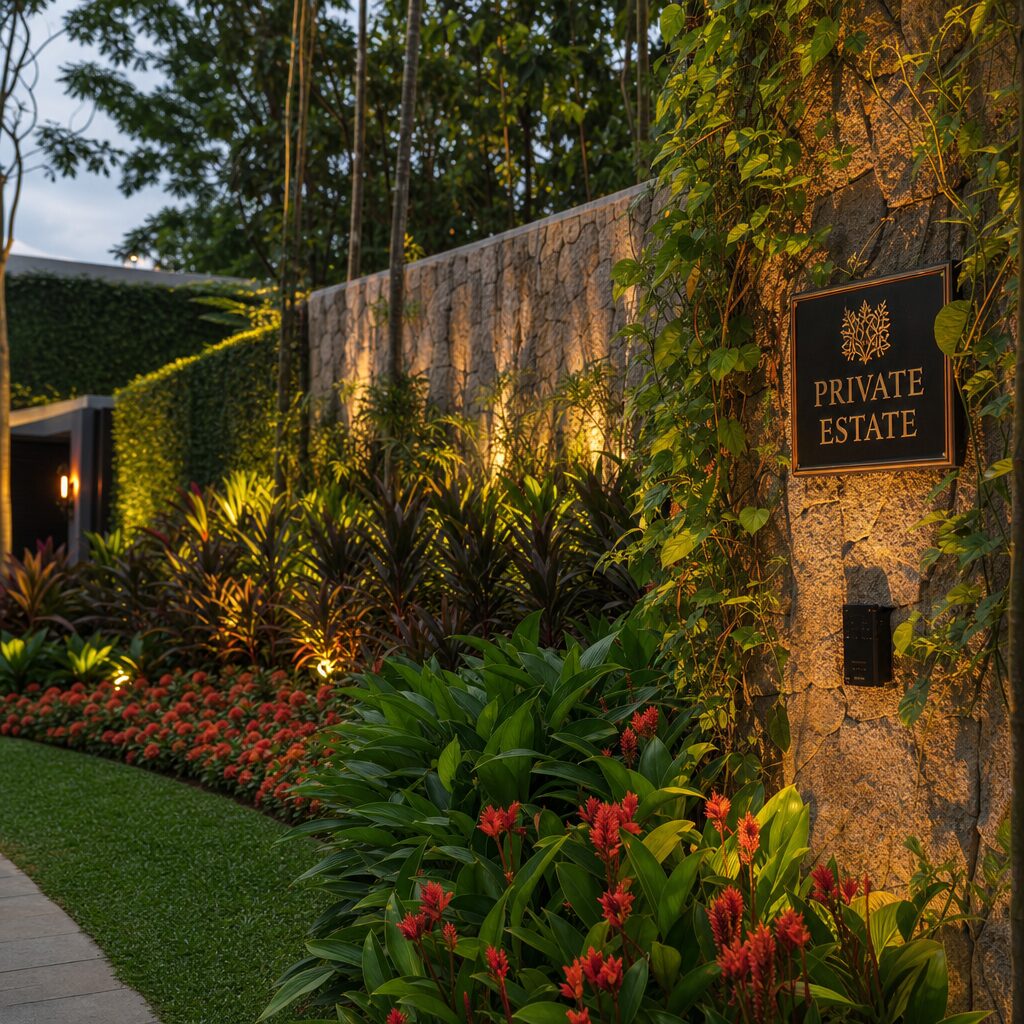 Garden design with ornamental plants and ambient lighting in Singapore